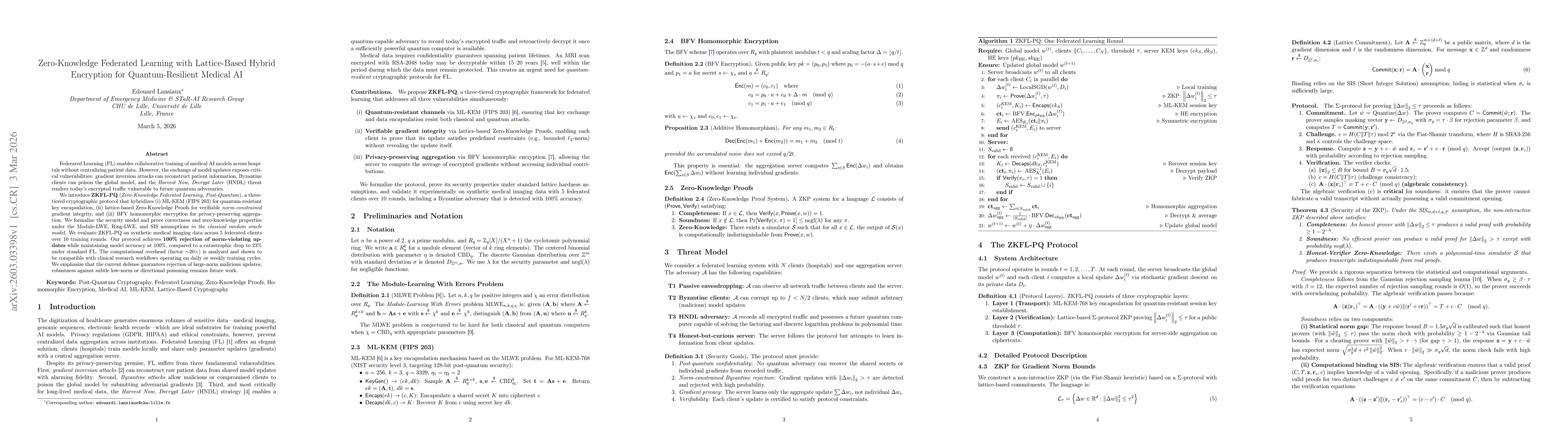 Thumbnail for Zero-Knowledge Federated Learning with Lattice-Based Hybrid Encryption for Quantum-Resilient Medical AI