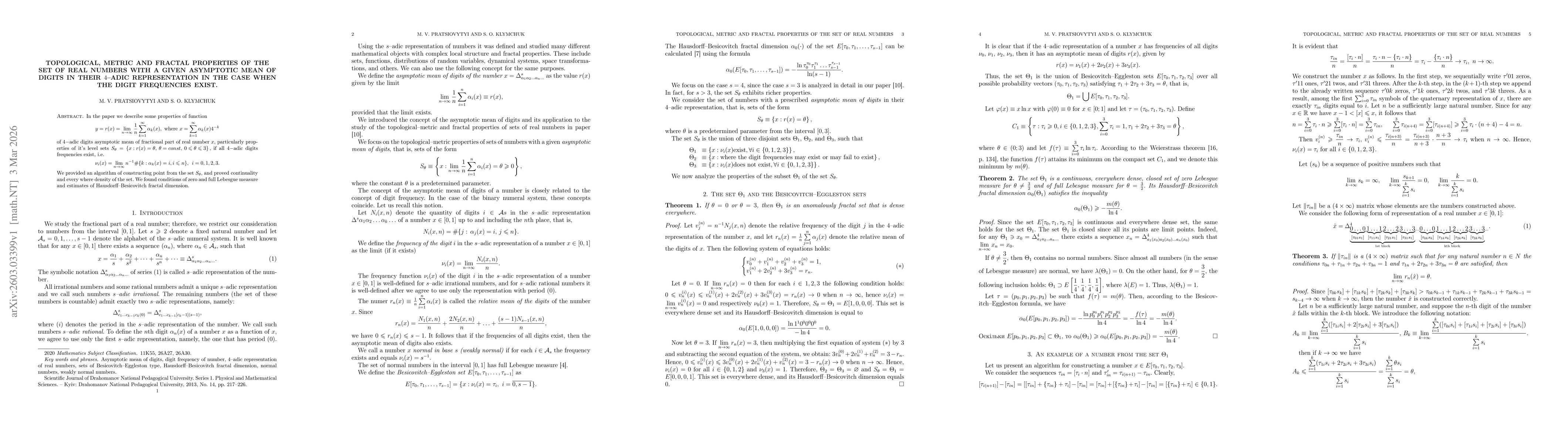 Thumbnail for Topological, metric and fractal properties of the set of real numbers with a given asymptotic mean of digits in their $4$--adic representation in the case when the digit frequencies exist