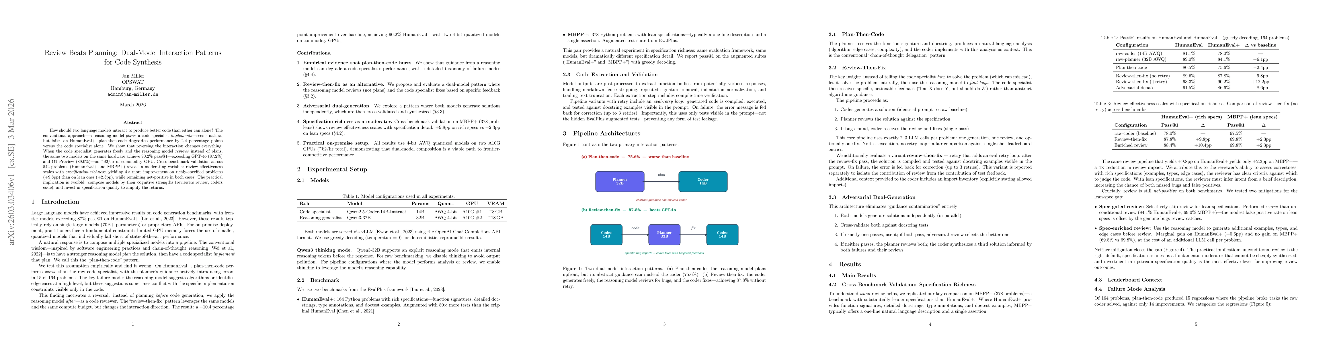 Thumbnail for Review Beats Planning: Dual-Model Interaction Patterns for Code Synthesis