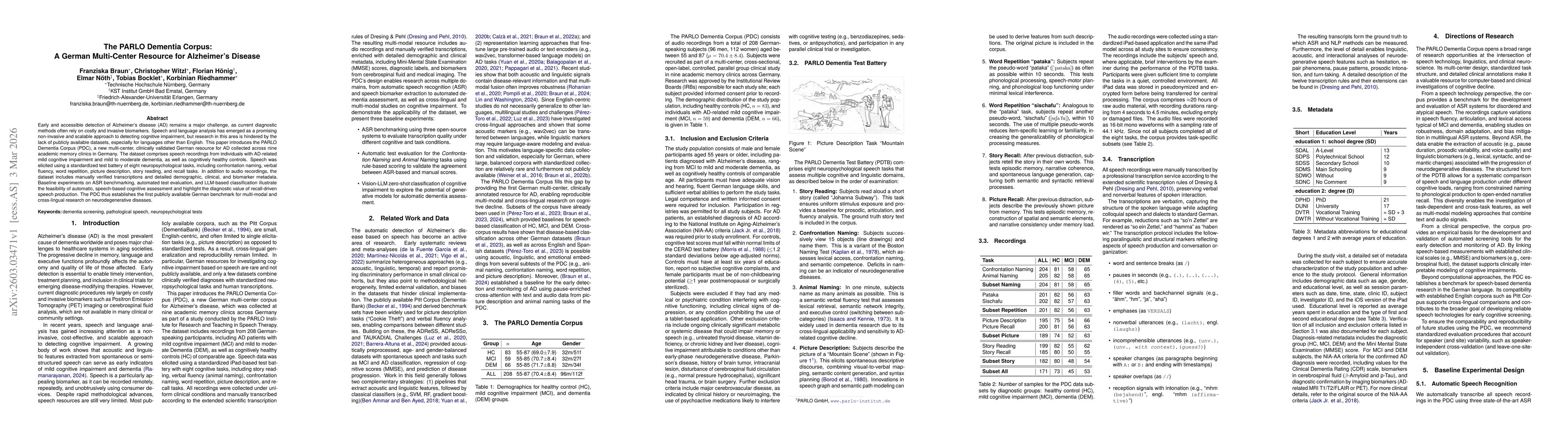 Thumbnail for The PARLO Dementia Corpus: A German Multi-Center Resource for Alzheimer's Disease