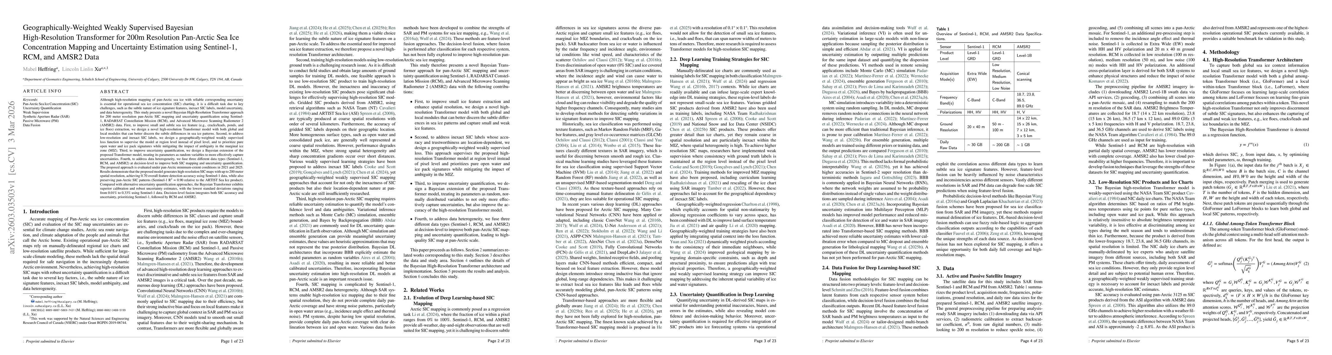 Thumbnail for Geographically-Weighted Weakly Supervised Bayesian High-Resolution Transformer for 200m Resolution Pan-Arctic Sea Ice Concentration Mapping and Uncertainty Estimation using Sentinel-1, RCM, and AMSR2 Data