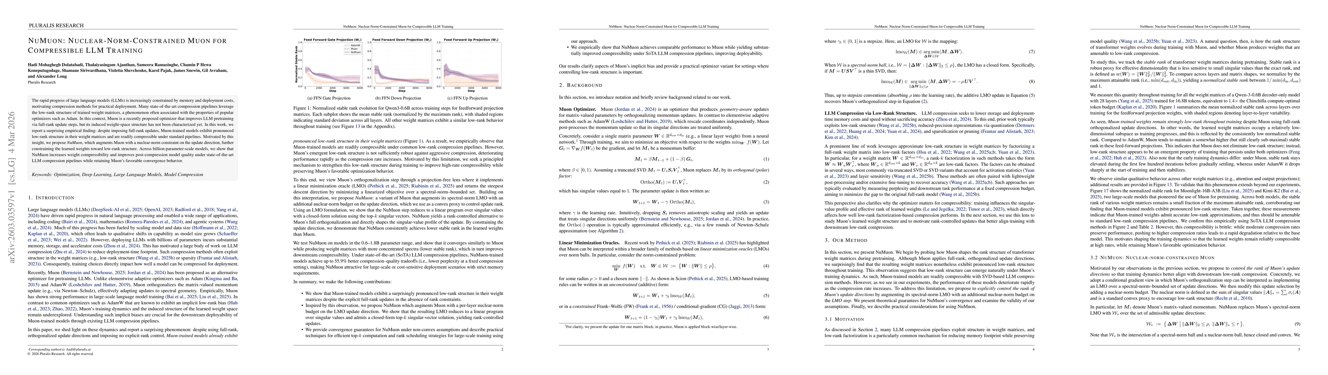 Thumbnail for NuMuon: Nuclear-Norm-Constrained Muon for Compressible LLM Training
