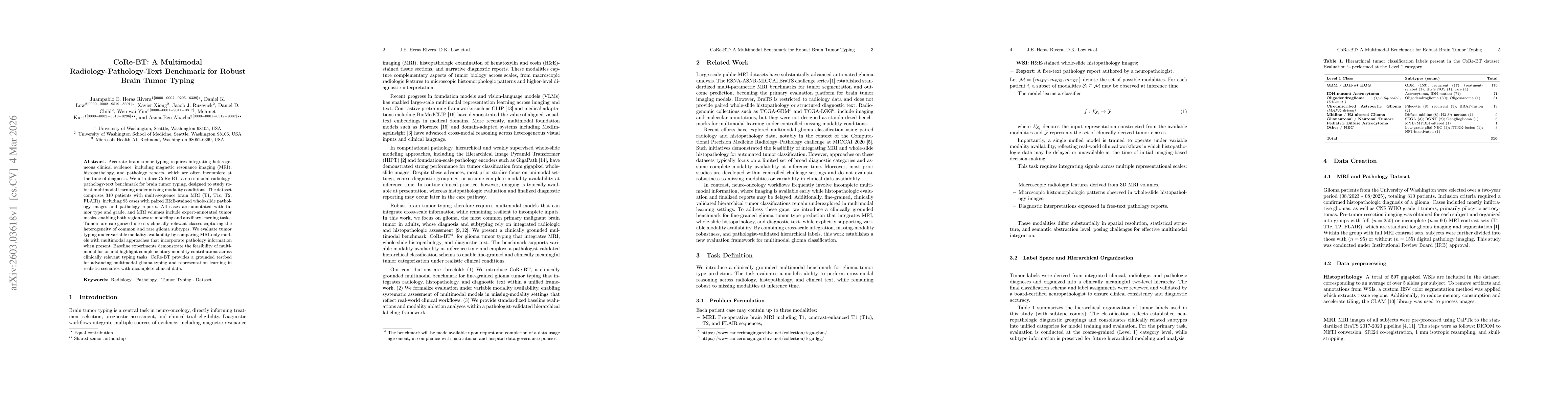 Thumbnail for CoRe-BT: A Multimodal Radiology-Pathology-Text Benchmark for Robust Brain Tumor Typing