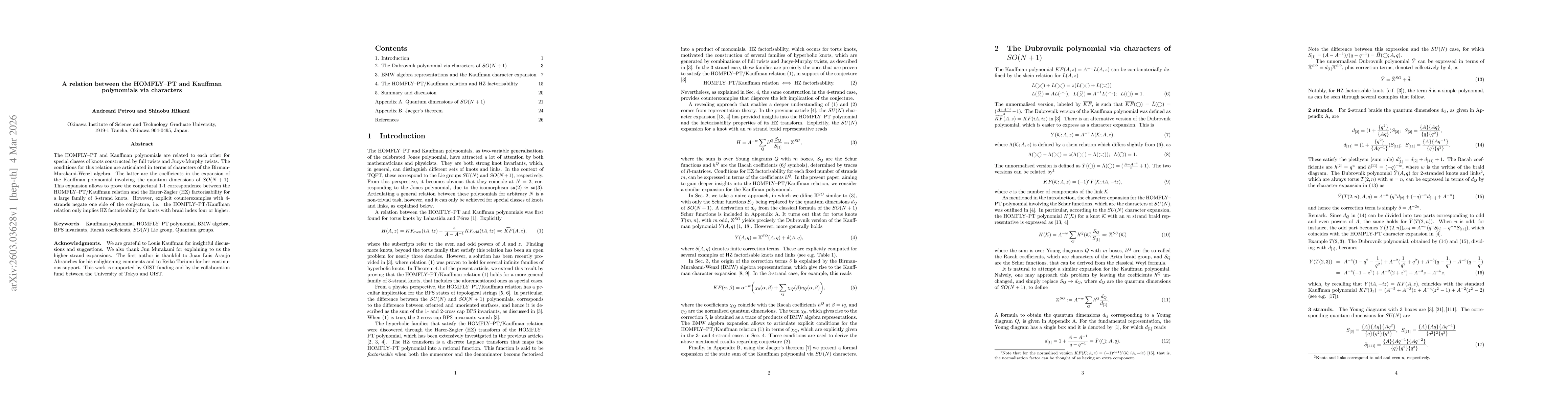 Thumbnail for A relation between the HOMFLY-PT and Kauffman polynomials via characters