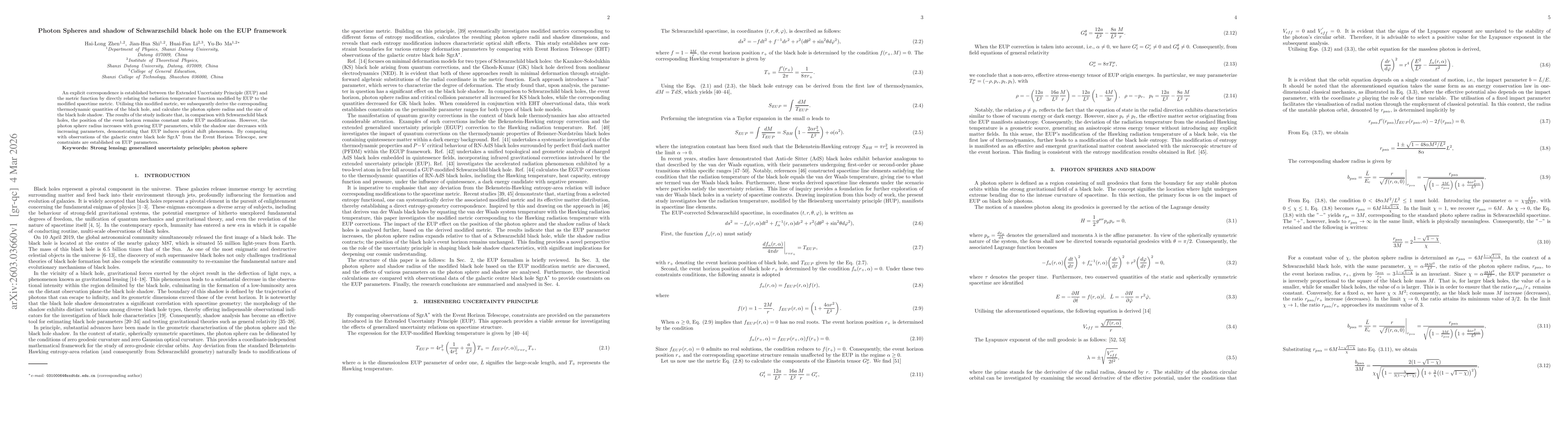 Thumbnail for Photon Spheres and shadow of Schwarzschild black hole on the EUP framework