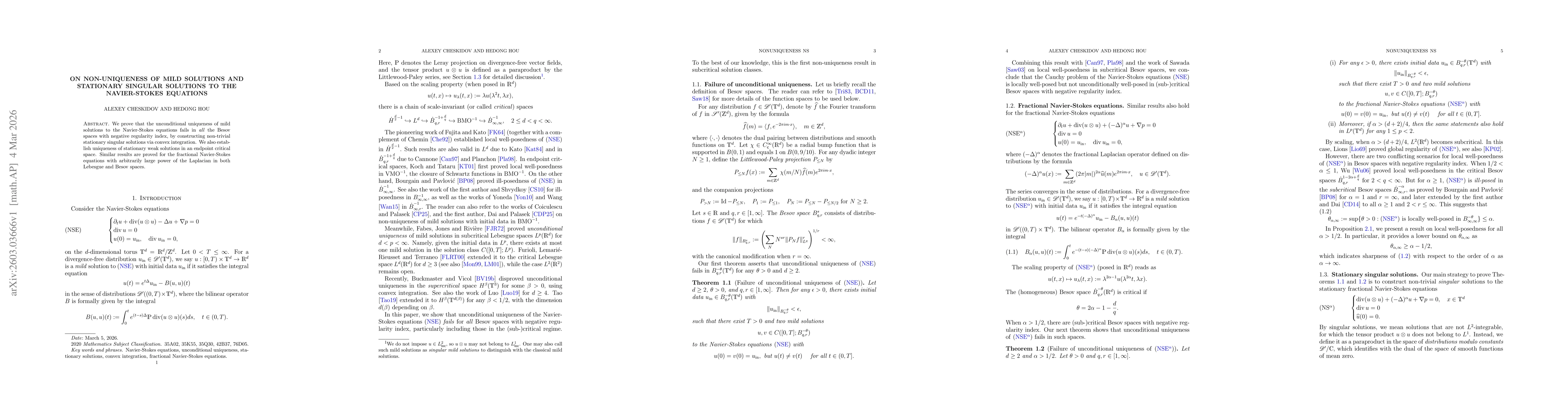 Thumbnail for On non-uniqueness of mild solutions and stationary singular solutions to the Navier-Stokes equations