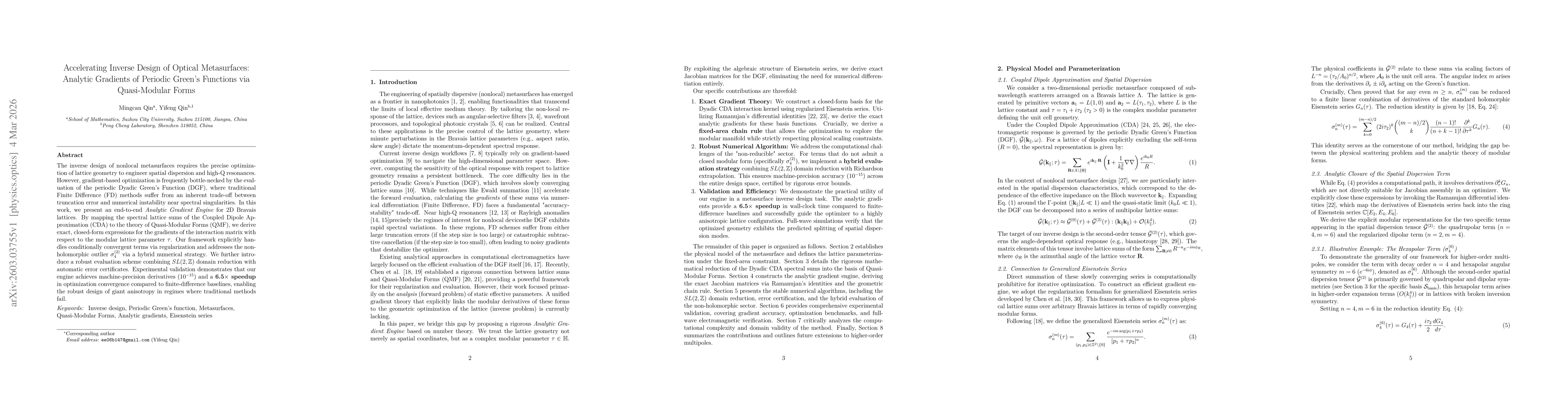 Thumbnail for Accelerating Inverse Design of Optical Metasurfaces: Analytic Gradients of Periodic Green's Functions via Quasi-Modular Forms