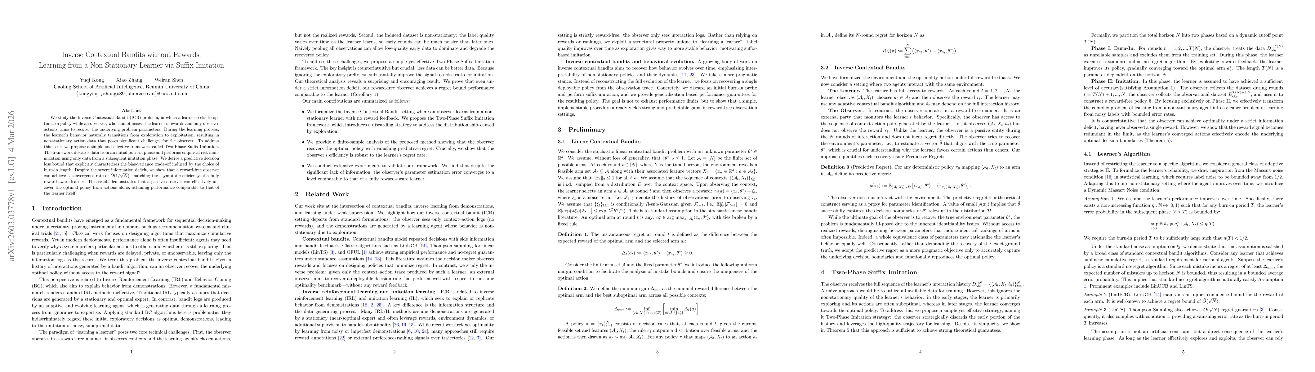 Thumbnail for Inverse Contextual Bandits without Rewards: Learning from a Non-Stationary Learner via Suffix Imitation