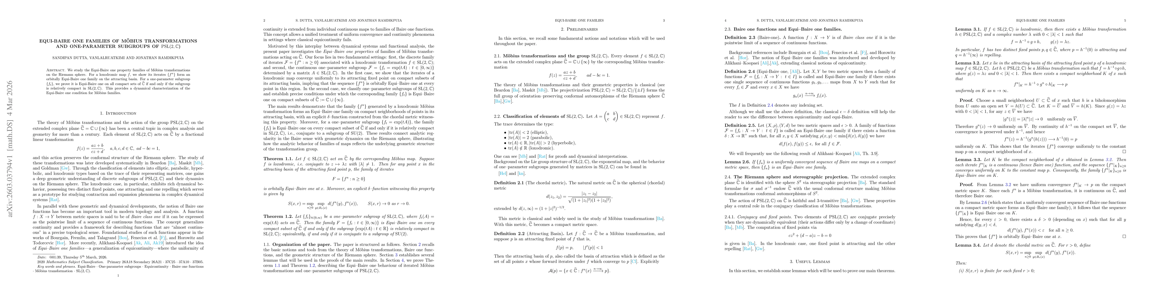 Thumbnail for Equi-Baire One Families of Möbius Transformations and One-Parameter Subgroups of $\mathrm{PSL}(2,\mathbb{C}$)
