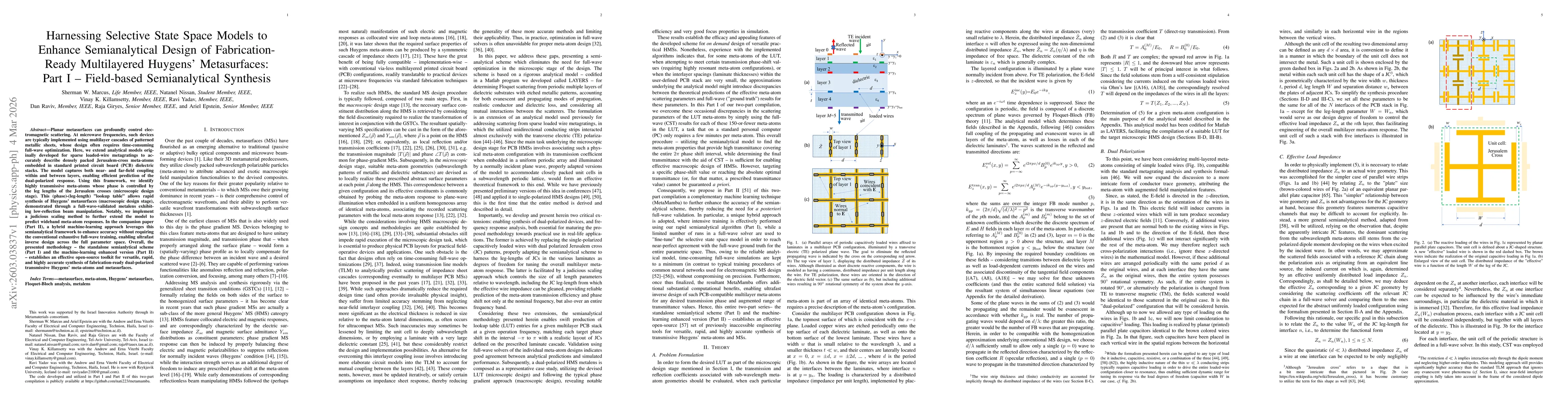 Thumbnail for Harnessing Selective State Space Models to Enhance Semianalytical Design of Fabrication-Ready Multilayered Huygens' Metasurfaces: Part I - Field-based Semianalytical Synthesis