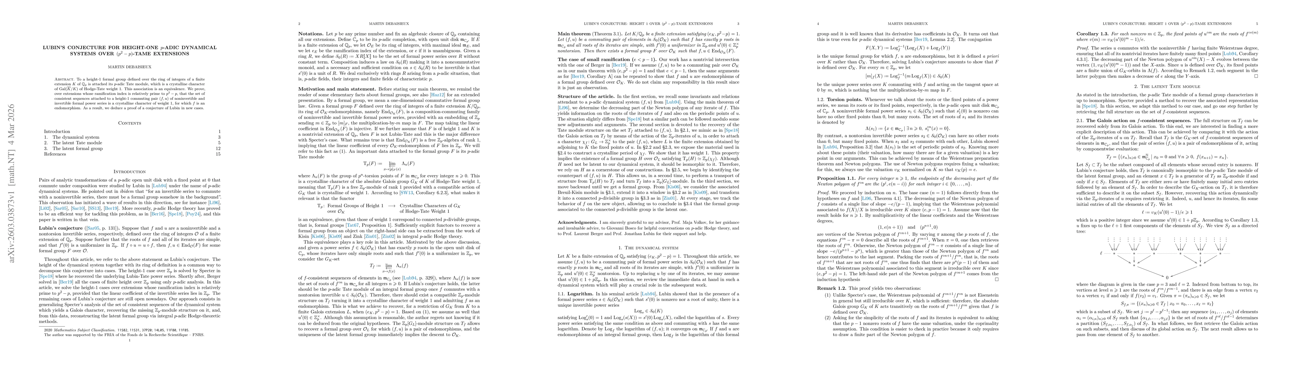 Thumbnail for Lubin's conjecture for height-one $p$-adic dynamical systems over $(p^2-p)$-tame extensions