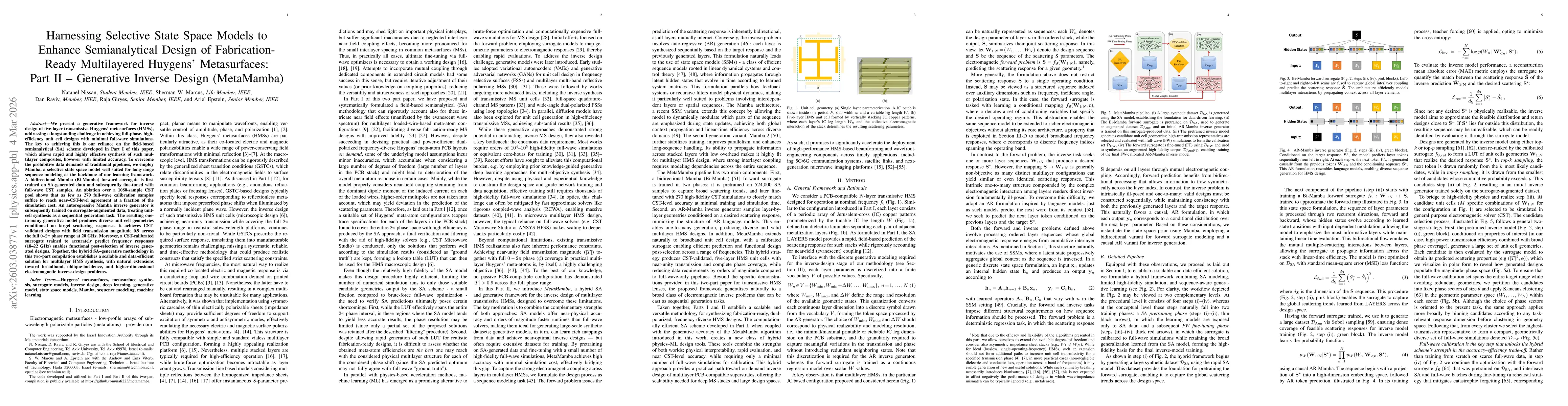 Thumbnail for Harnessing Selective State Space Models to Enhance Semianalytical Design of Fabrication-Ready Multilayered Huygens' Metasurfaces: Part II - Generative Inverse Design (MetaMamba)