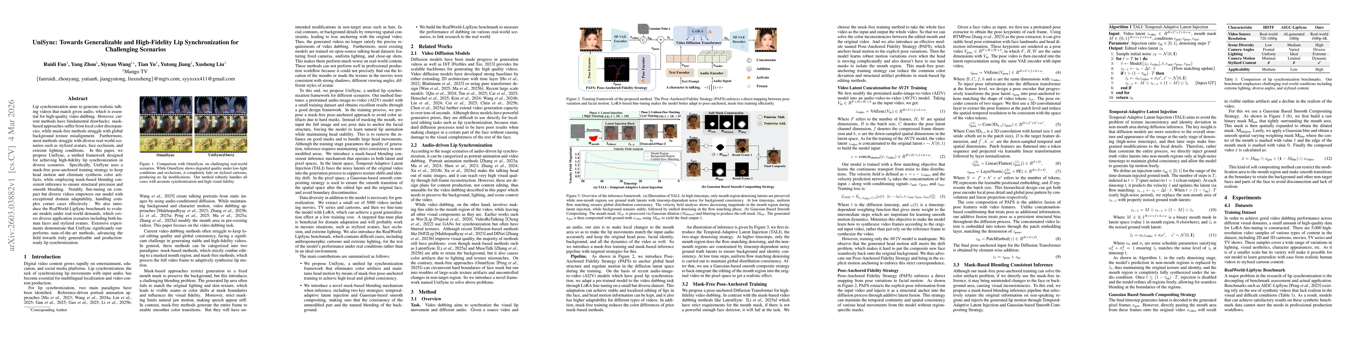 Thumbnail for UniSync: Towards Generalizable and High-Fidelity Lip Synchronization for Challenging Scenarios