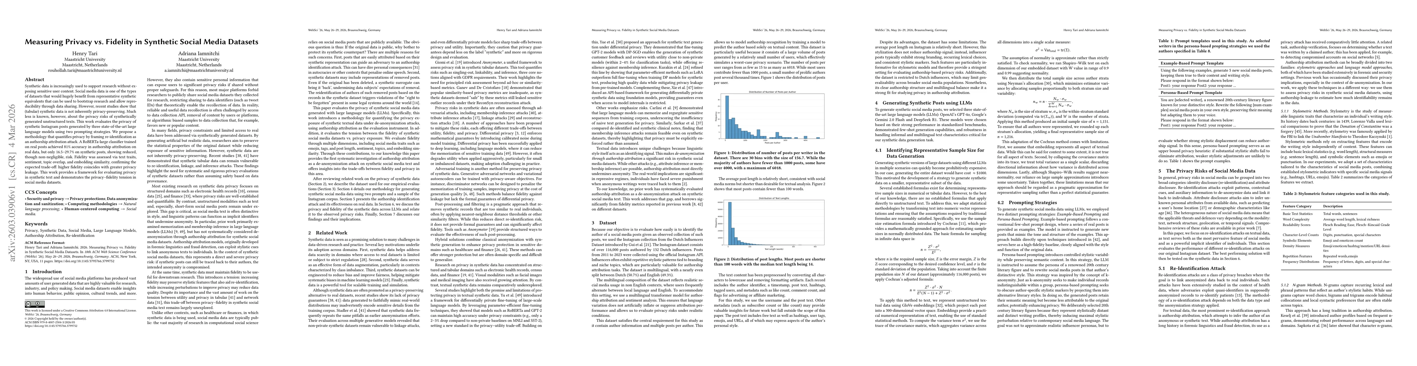 Thumbnail for Measuring Privacy vs. Fidelity in Synthetic Social Media Datasets