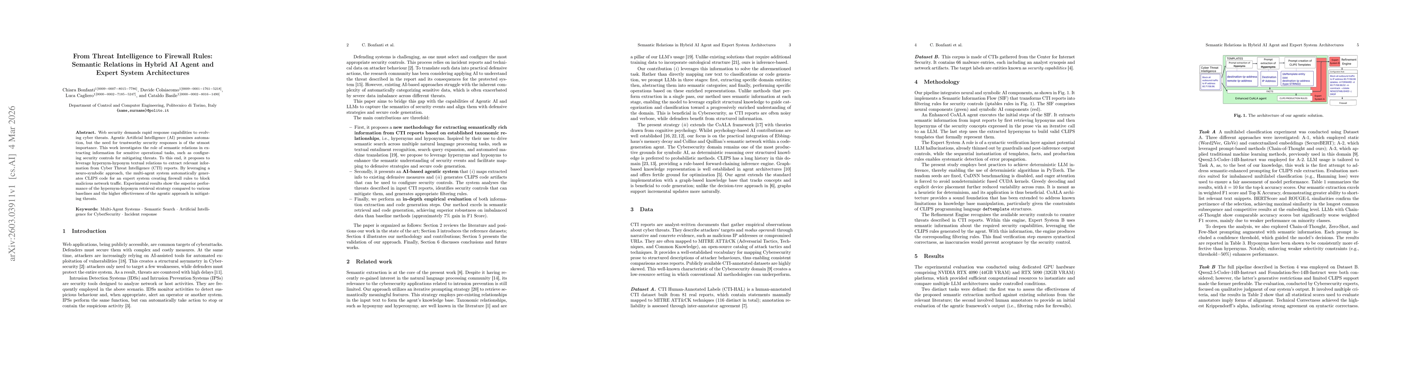 Thumbnail for From Threat Intelligence to Firewall Rules: Semantic Relations in Hybrid AI Agent and Expert System Architectures