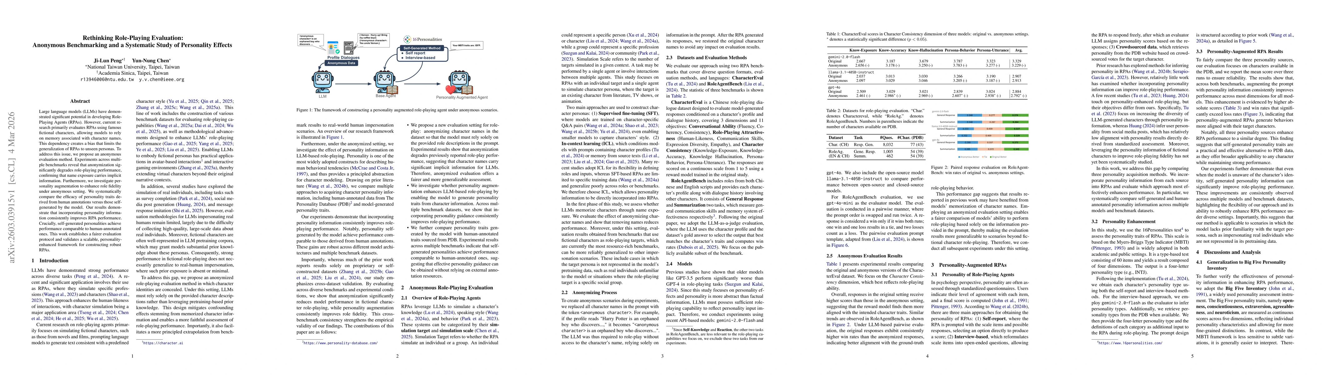 Thumbnail for Rethinking Role-Playing Evaluation: Anonymous Benchmarking and a Systematic Study of Personality Effects