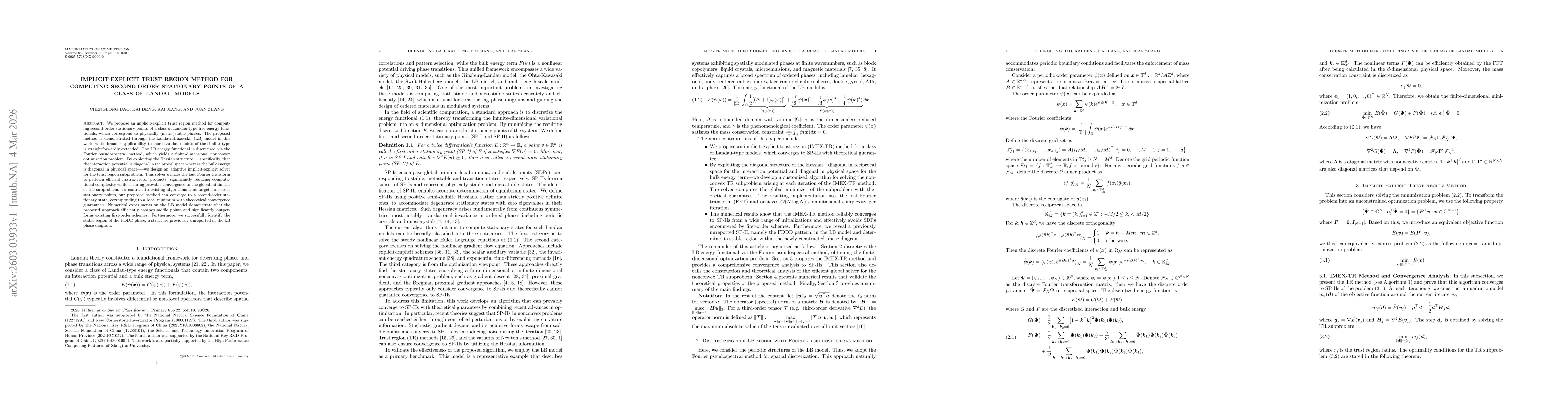 Thumbnail for Implicit-Explicit Trust Region Method for Computing Second-Order Stationary Points of A Class of Landau Models