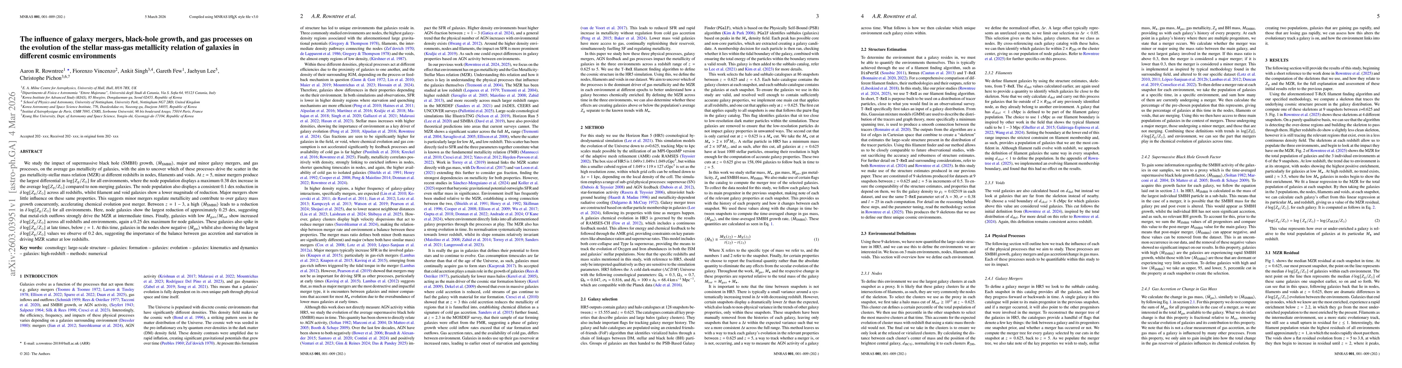 Thumbnail for The influence of galaxy mergers, black-hole growth, and gas processes on the evolution of the stellar mass-gas metallicity relation of galaxies in different cosmic environments