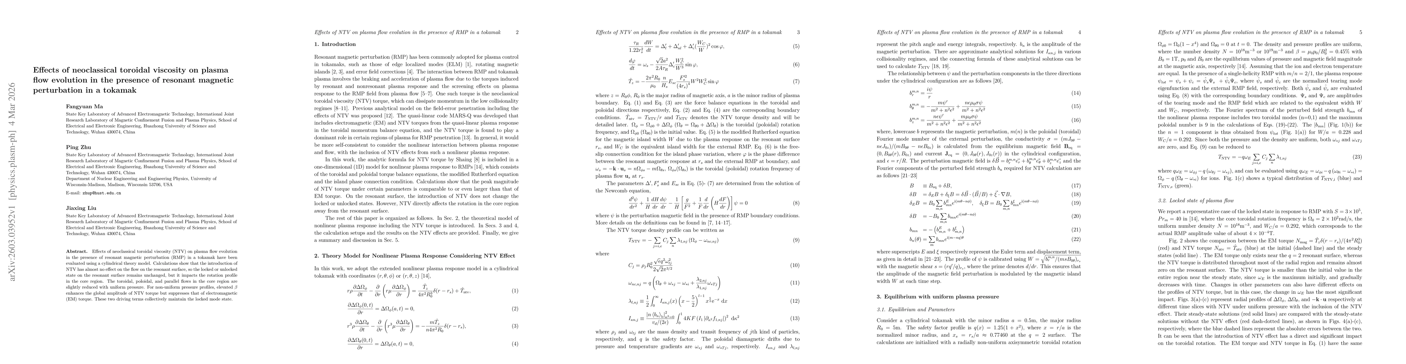 Thumbnail for Effects of neoclassical toroidal viscosity on plasma flow evolution in the presence of resonant magnetic perturbation in a tokamak