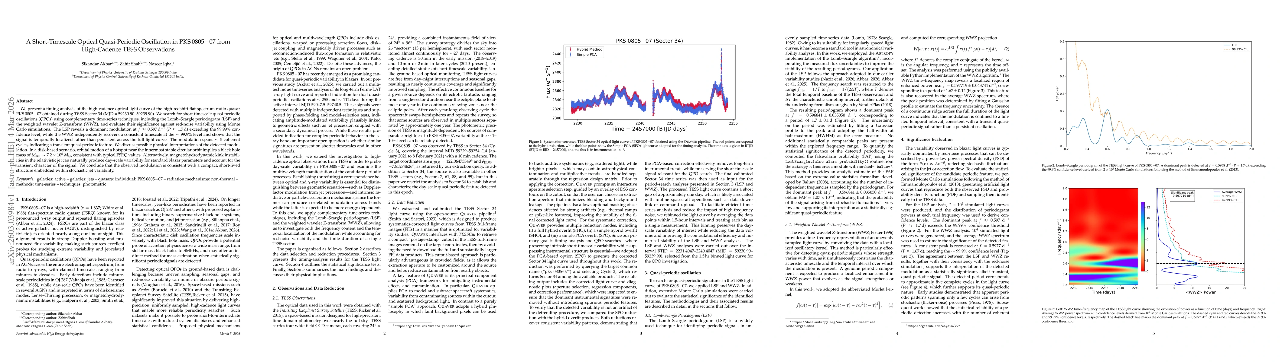 Thumbnail for A Short-Timescale Optical Quasi-Periodic Oscillation in PKS\,0805$-$07 from High-Cadence TESS Observations
