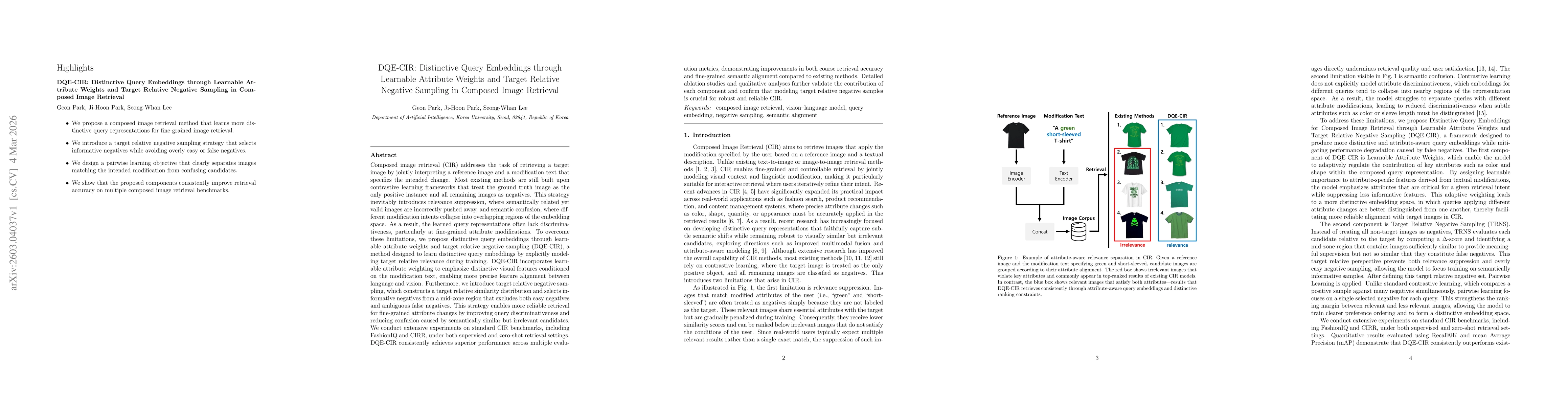 Thumbnail for DQE-CIR: Distinctive Query Embeddings through Learnable Attribute Weights and Target Relative Negative Sampling in Composed Image Retrieval