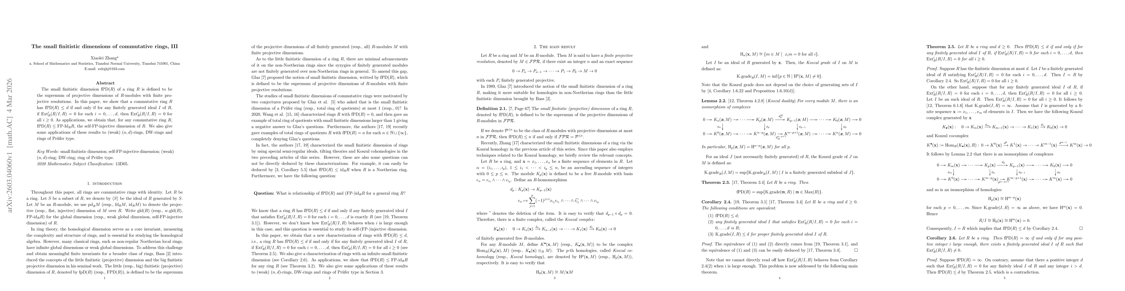 Thumbnail for The small finitistic dimensions of commutative rings, III