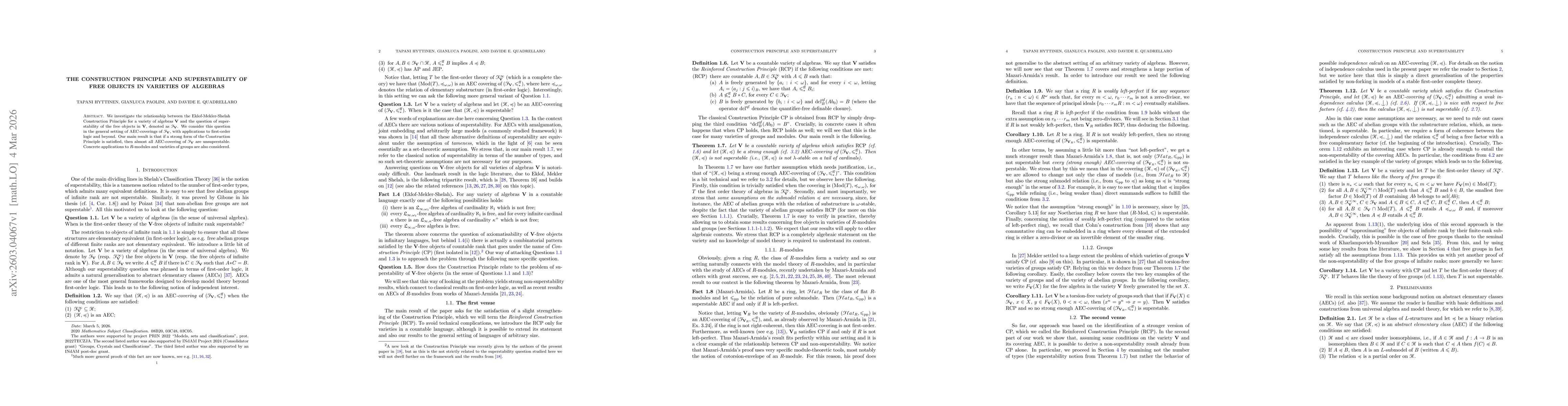 Thumbnail for The Construction Principle and superstability of free objects in varieties of algebras