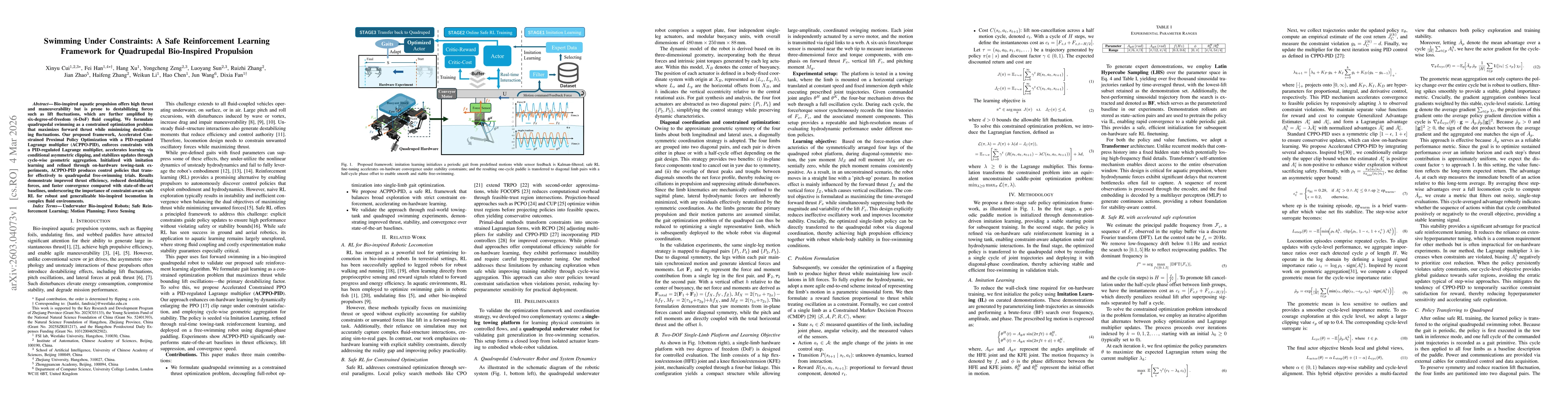 Thumbnail for Swimming Under Constraints: A Safe Reinforcement Learning Framework for Quadrupedal Bio-Inspired Propulsion