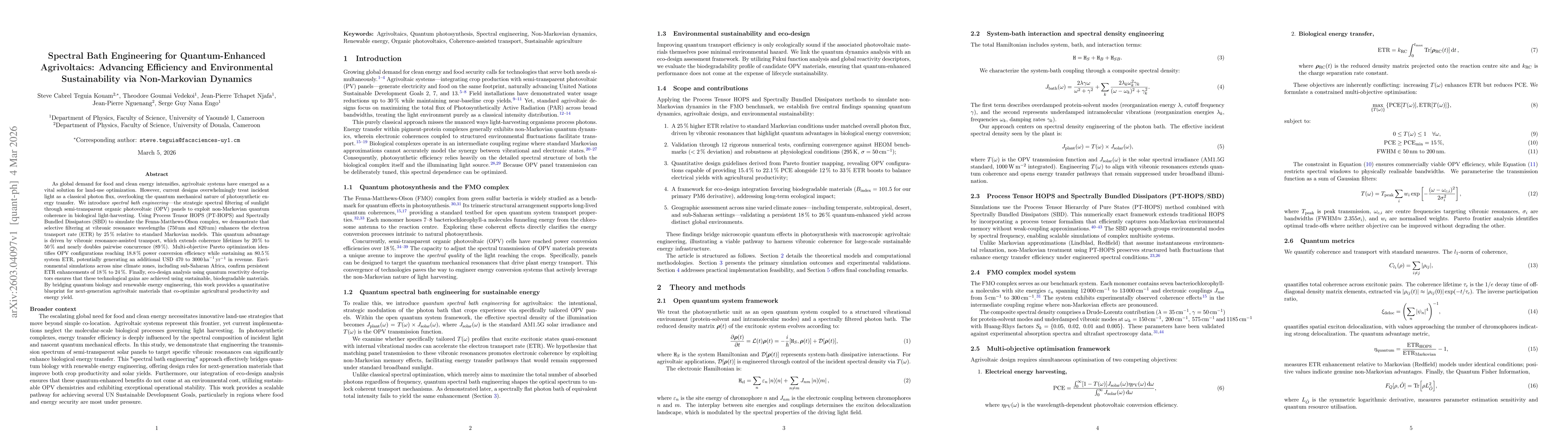 Thumbnail for Spectral Bath Engineering for Quantum-Enhanced Agrivoltaics: Advancing Efficiency and Environmental Sustainability via Non-Markovian Dynamics