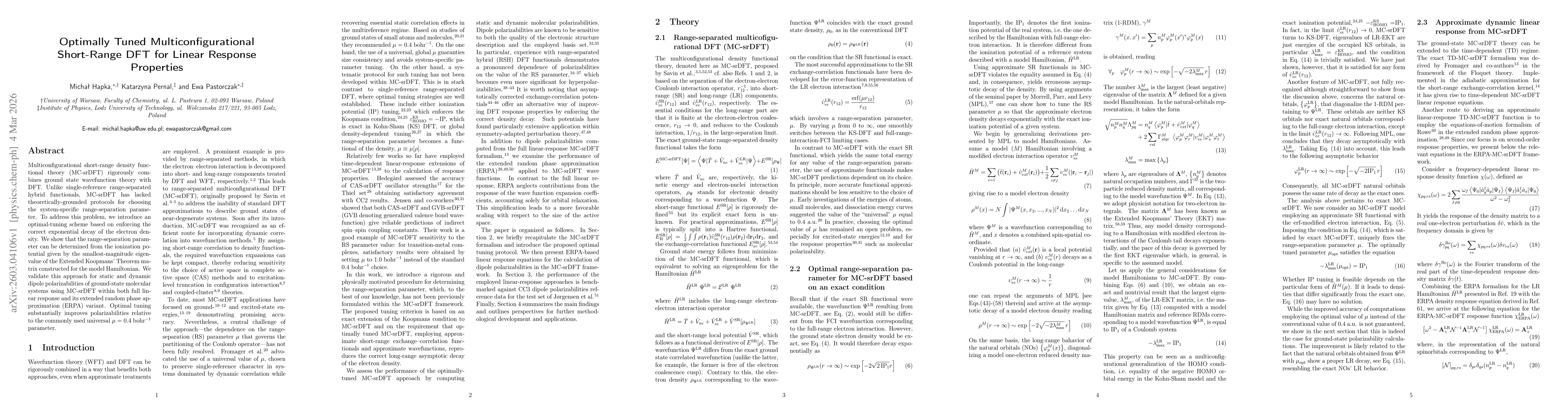 Thumbnail for Optimally Tuned Multiconfigurational Short-Range DFT for Linear Response Properties