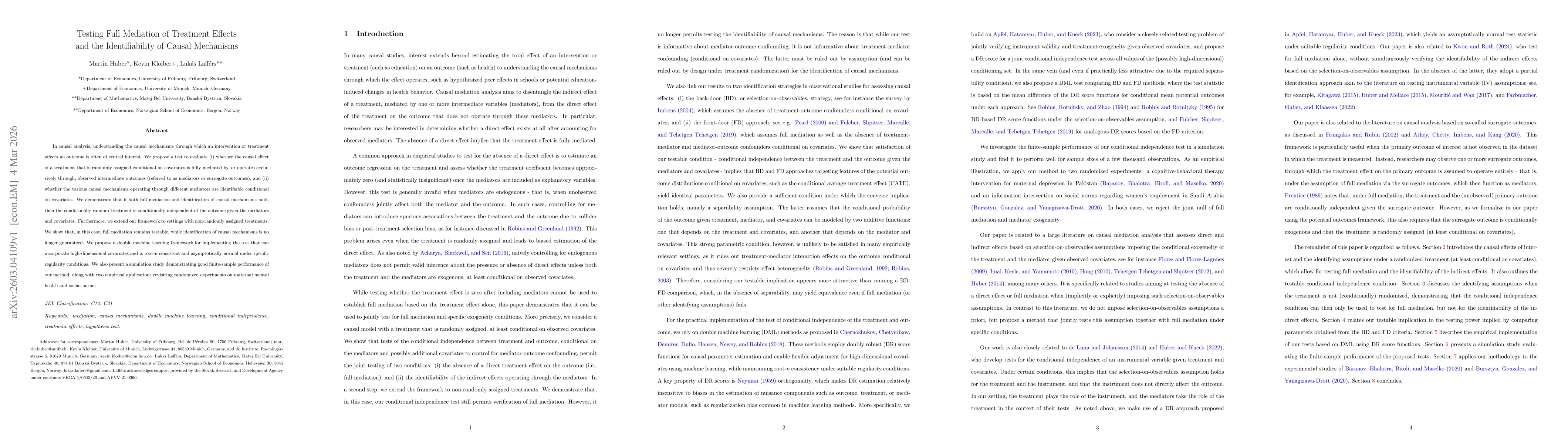 Thumbnail for Testing Full Mediation of Treatment Effects and the Identifiability of Causal Mechanisms