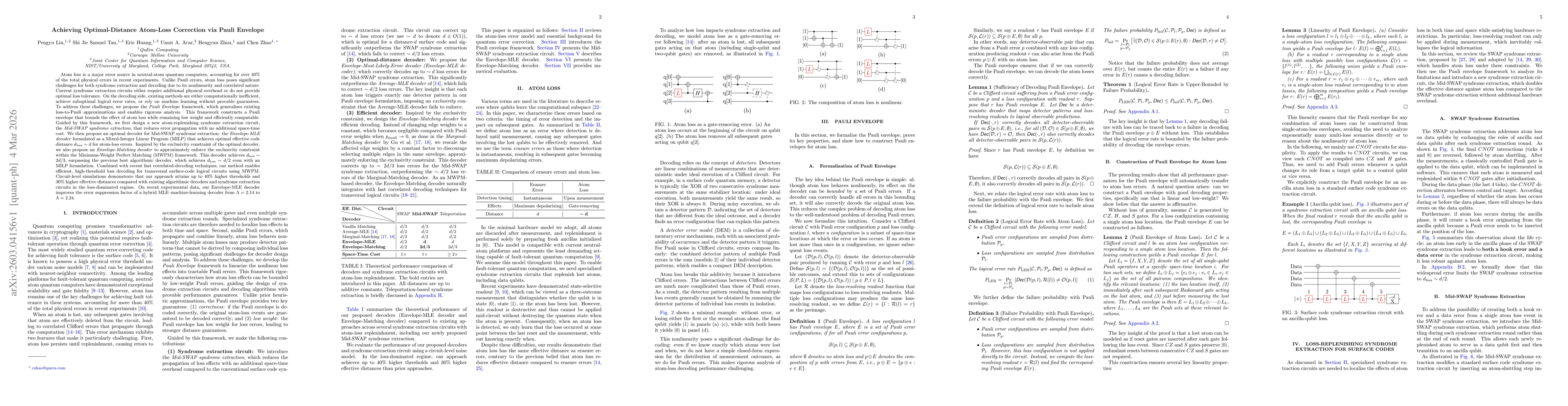 Thumbnail for Achieving Optimal-Distance Atom-Loss Correction via Pauli Envelope