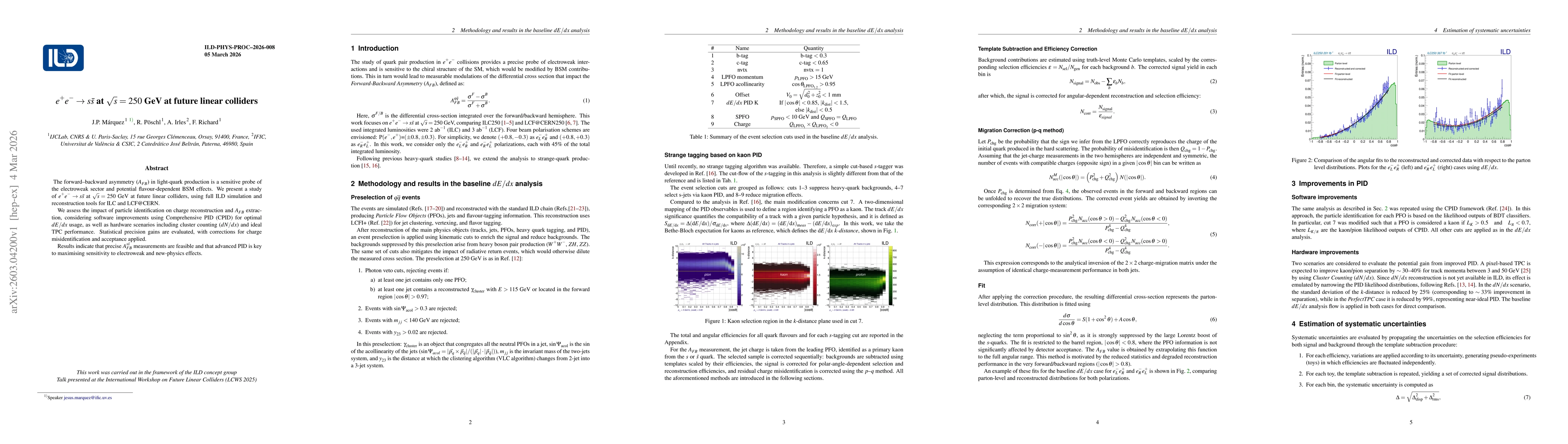 Thumbnail for $e^+e^- \rightarrow s\bar{s}$ at $\sqrt{s} = 250$ GeV at future linear colliders