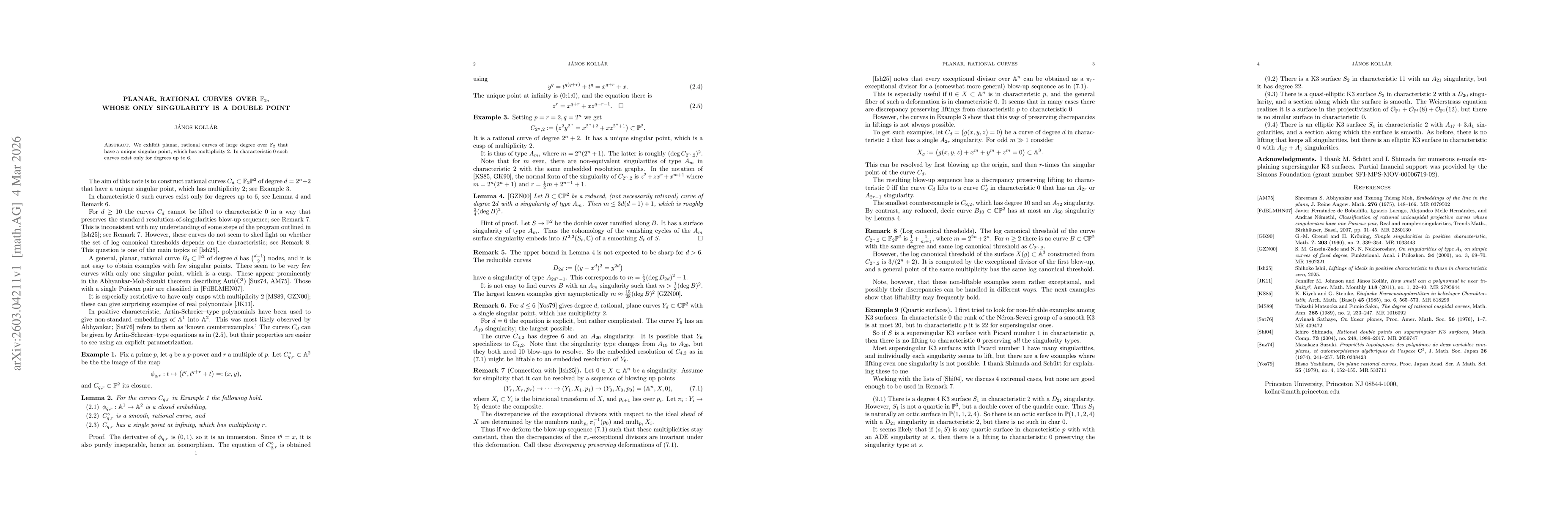 Thumbnail for Planar, rational curves over ${\mathbb F}_2$ whose only singularity is a double point