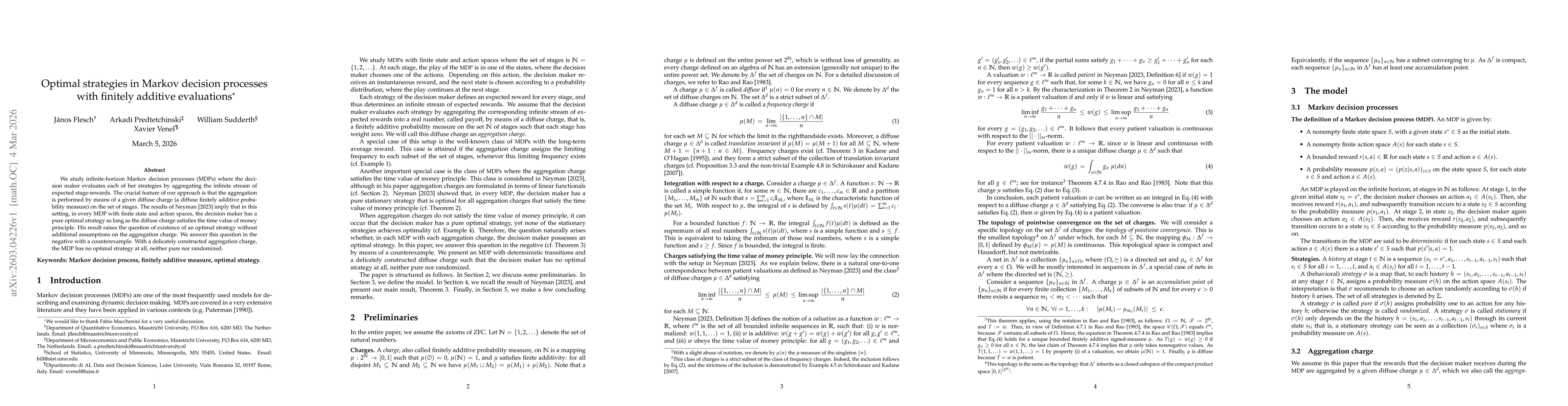 Thumbnail for Optimal strategies in Markov decision processes with finitely additive evaluations