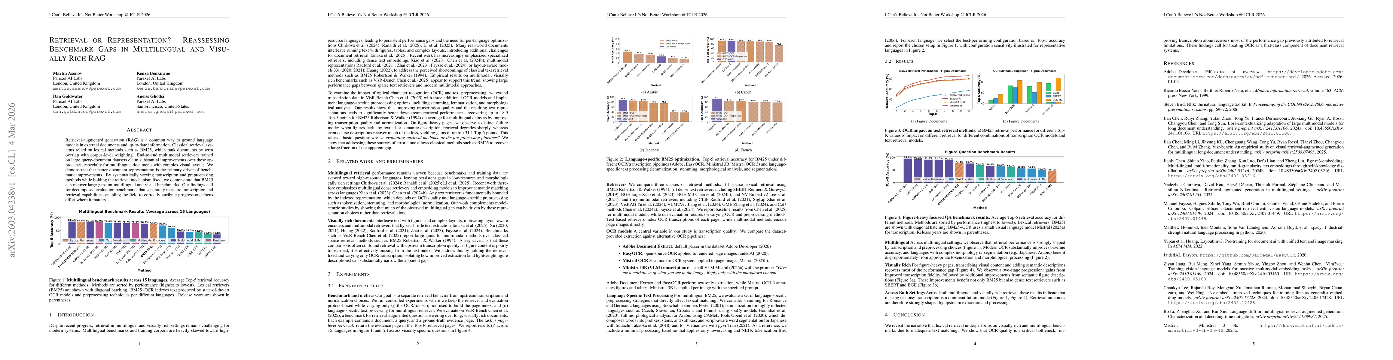 Thumbnail for Retrieval or Representation? Reassessing Benchmark Gaps in Multilingual and Visually Rich RAG