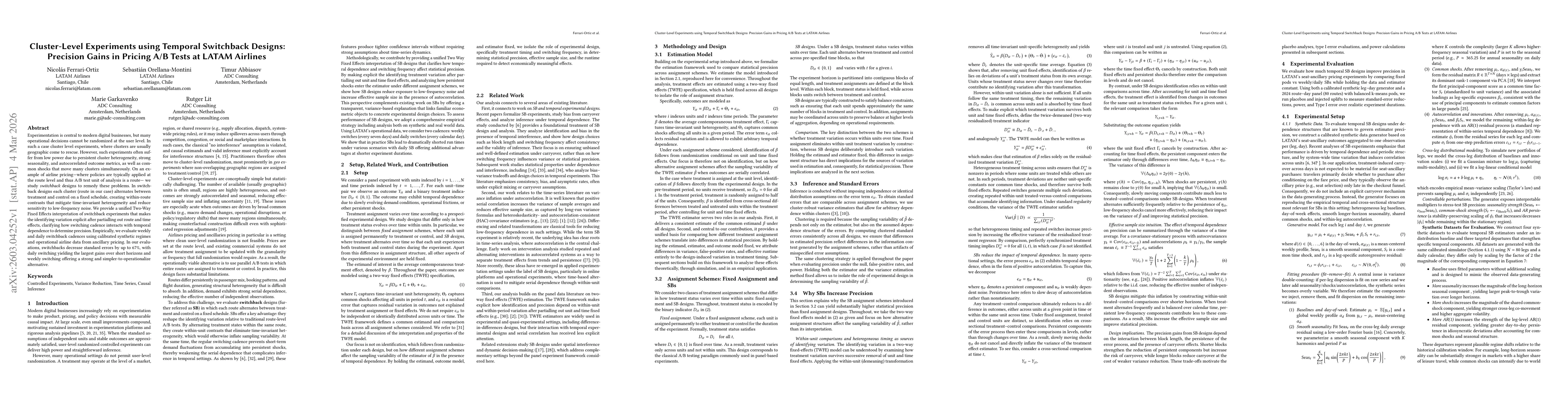 Thumbnail for Cluster-Level Experiments using Temporal Switchback Designs: Precision Gains in Pricing A/B Tests at LATAM Airlines