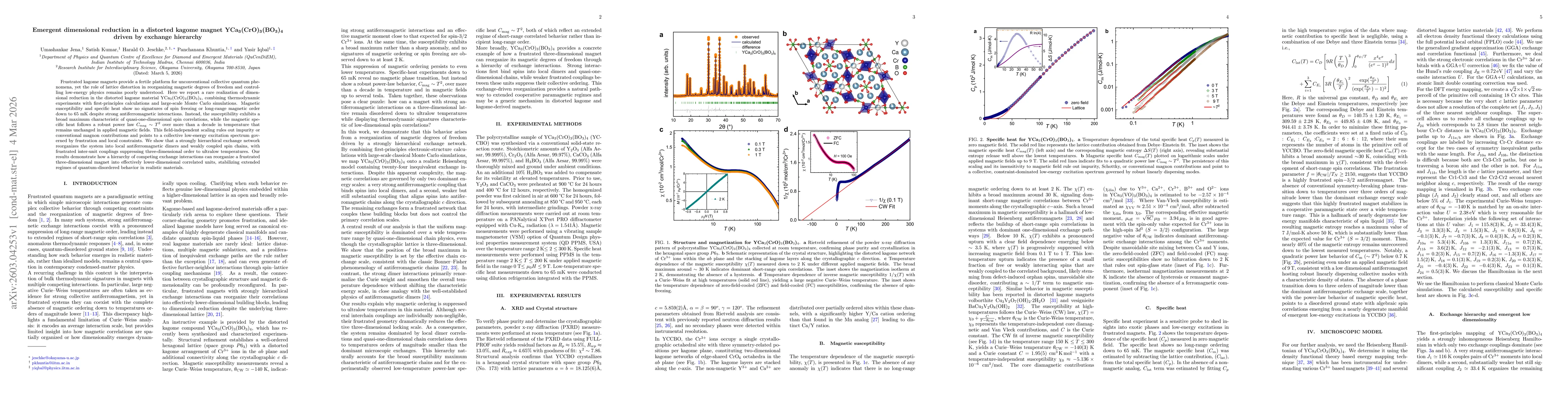 Thumbnail for Emergent dimensional reduction in a distorted kagome magnet $\mathrm{YCa_3(CrO)_3(BO_3)_4}$ driven by exchange hierarchy