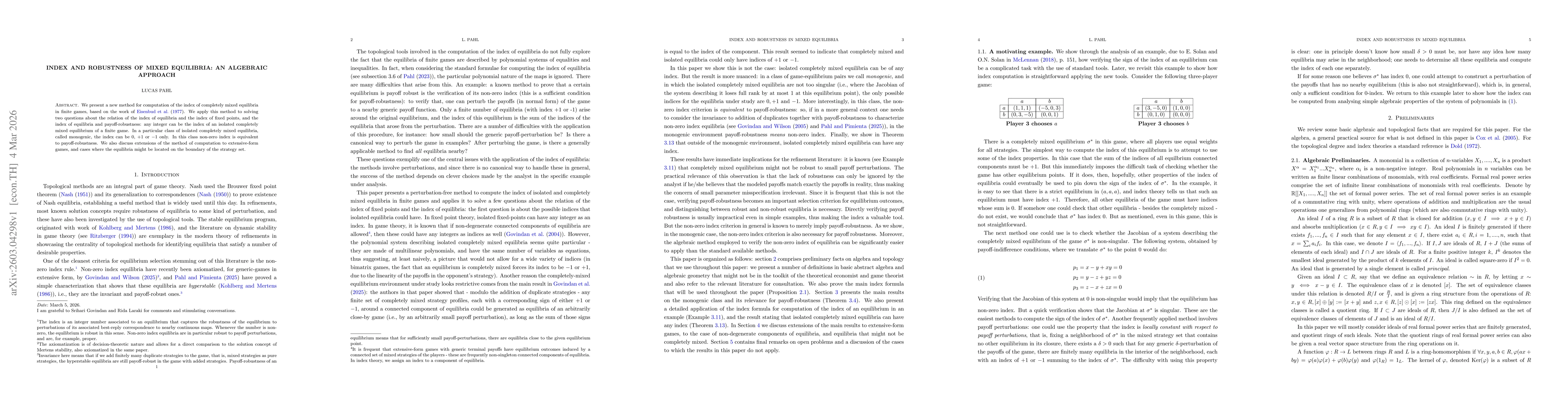 Thumbnail for Index and Robustness of Mixed Equilibria: An Algebraic Approach