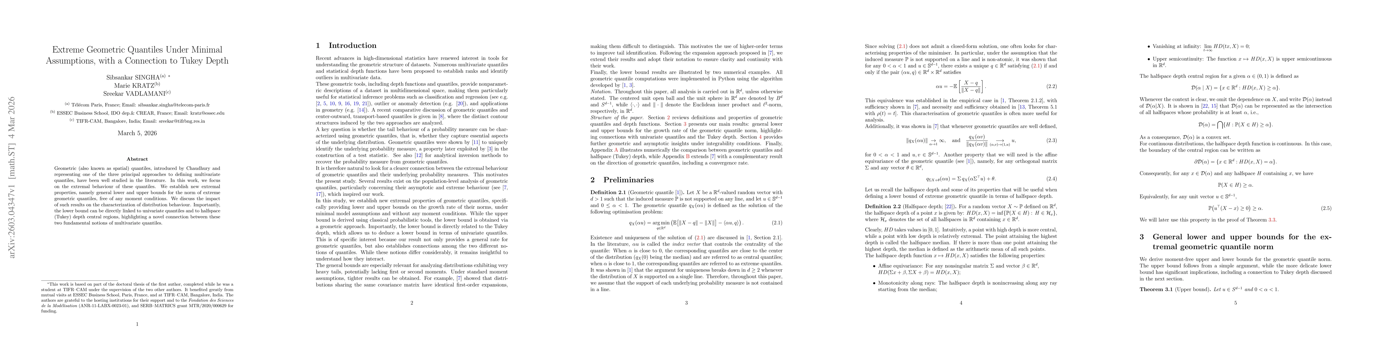 Thumbnail for Extreme Geometric Quantiles Under Minimal Assumptions, with a Connection to Tukey Depth
