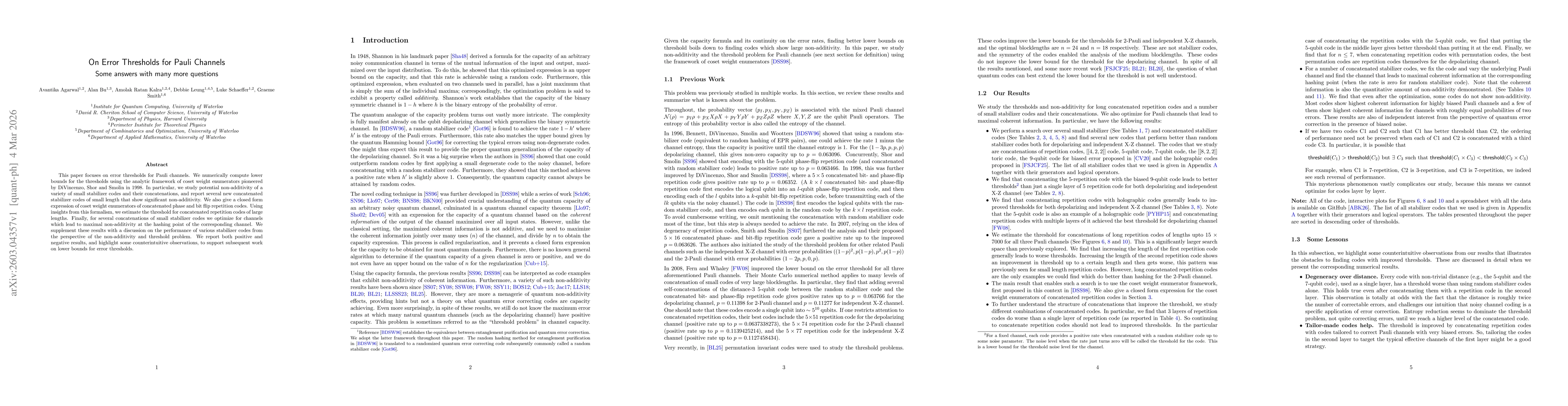 Thumbnail for On Error Thresholds for Pauli Channels: Some answers with many more questions