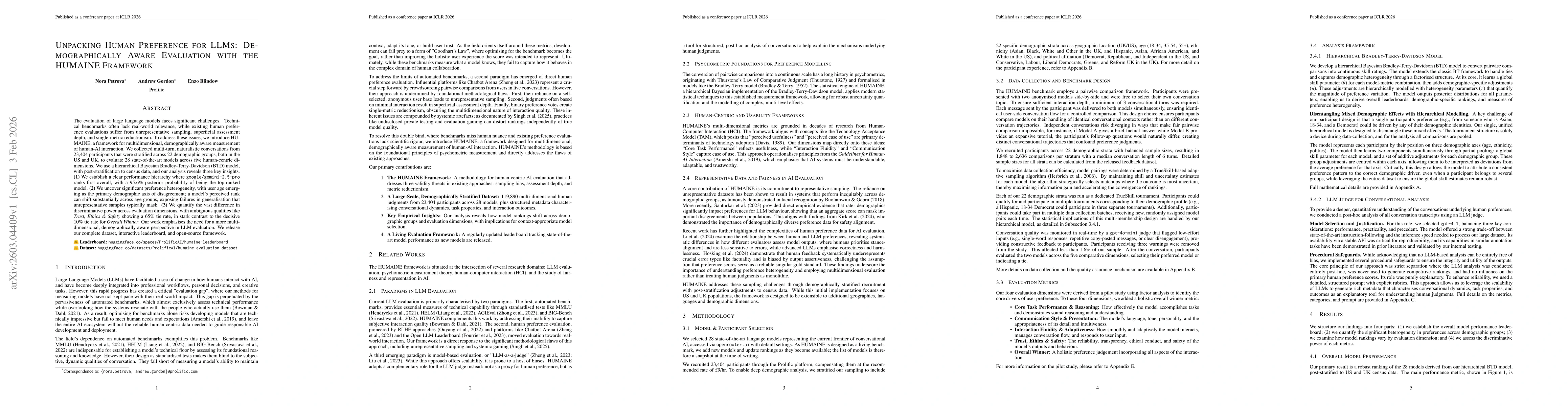 Thumbnail for Unpacking Human Preference for LLMs: Demographically Aware Evaluation with the HUMAINE Framework