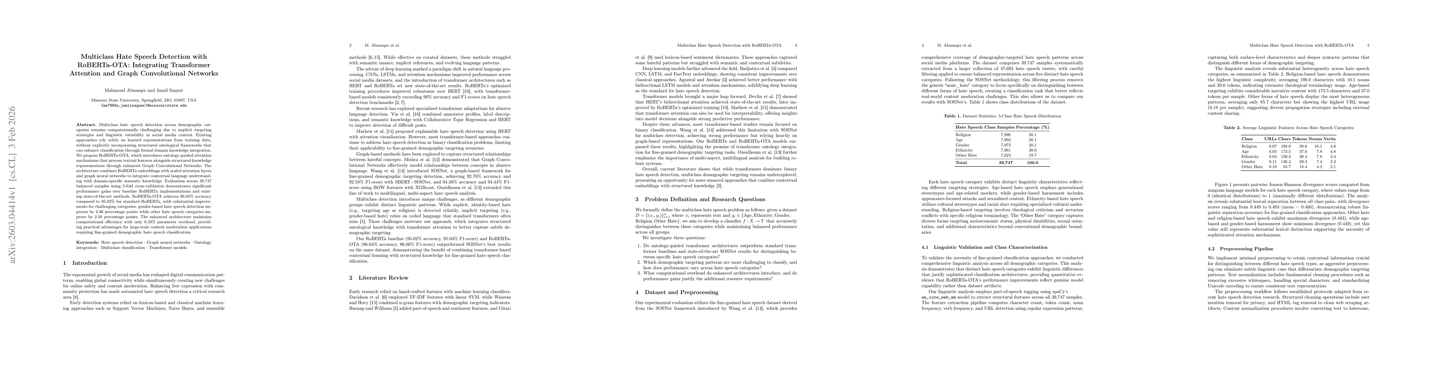 Thumbnail for Multiclass Hate Speech Detection with RoBERTa-OTA: Integrating Transformer Attention and Graph Convolutional Networks