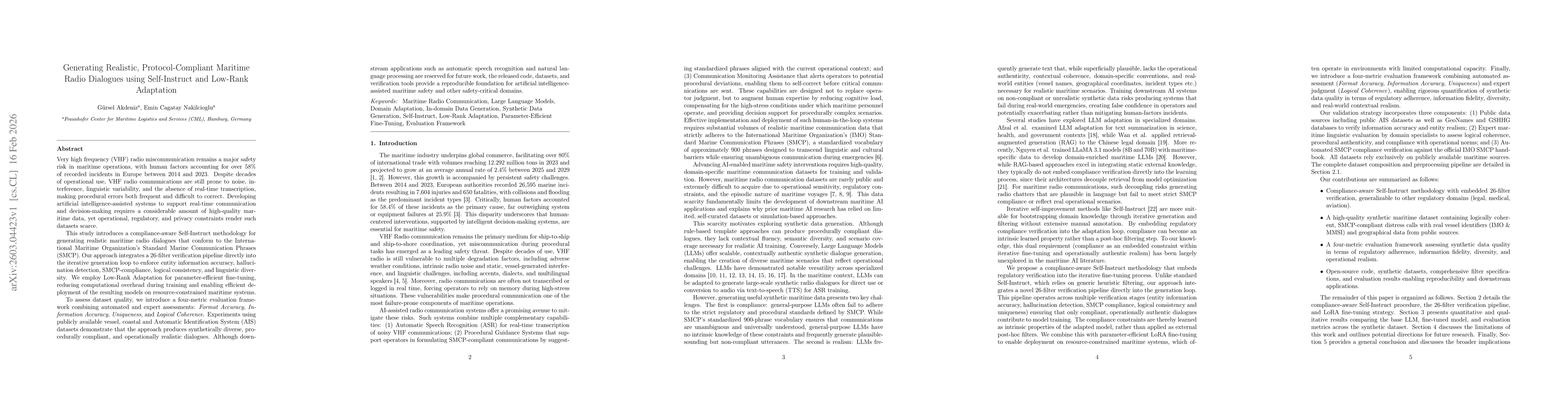 Thumbnail for Generating Realistic, Protocol-Compliant Maritime Radio Dialogues using Self-Instruct and Low-Rank Adaptation