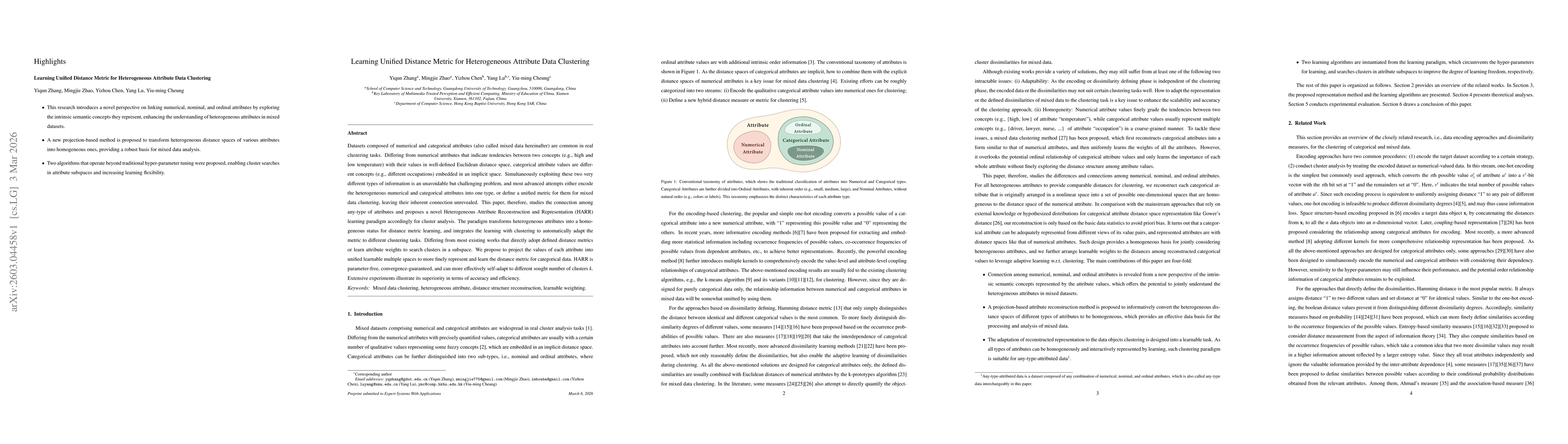 Thumbnail for Learning Unified Distance Metric for Heterogeneous Attribute Data Clustering