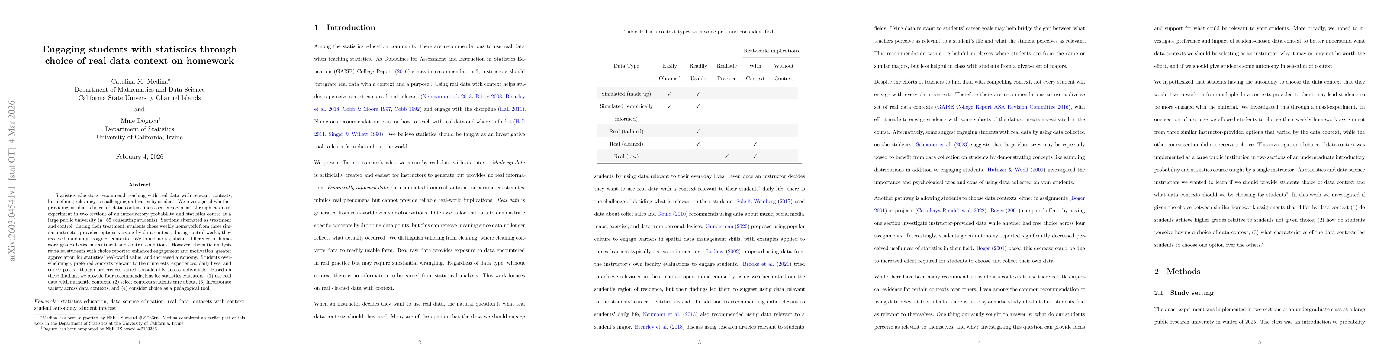 Thumbnail for Engaging students with statistics through choice of real data context on homework