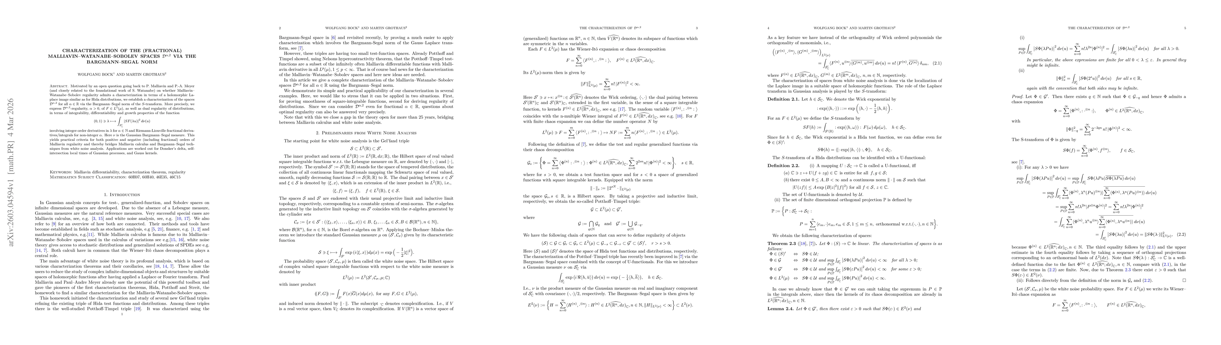 Thumbnail for Characterization of the (fractional) Malliavin-Watanabe-Sobolev spaces $\mathcal{D}^{α,2}$ via the Bargmann-Segal norm