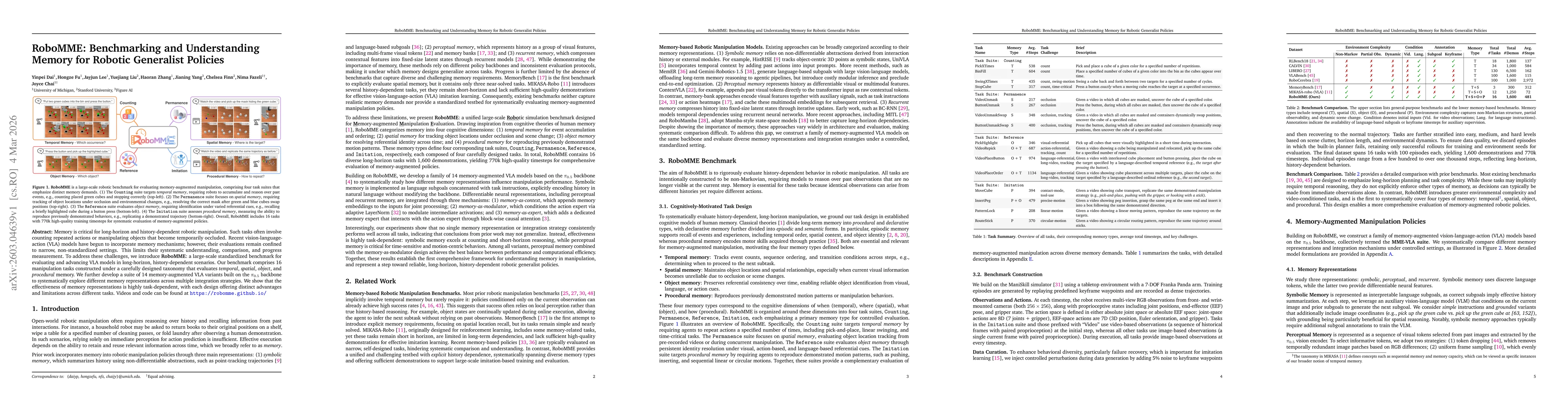 Thumbnail for RoboMME: Benchmarking and Understanding Memory for Robotic Generalist Policies