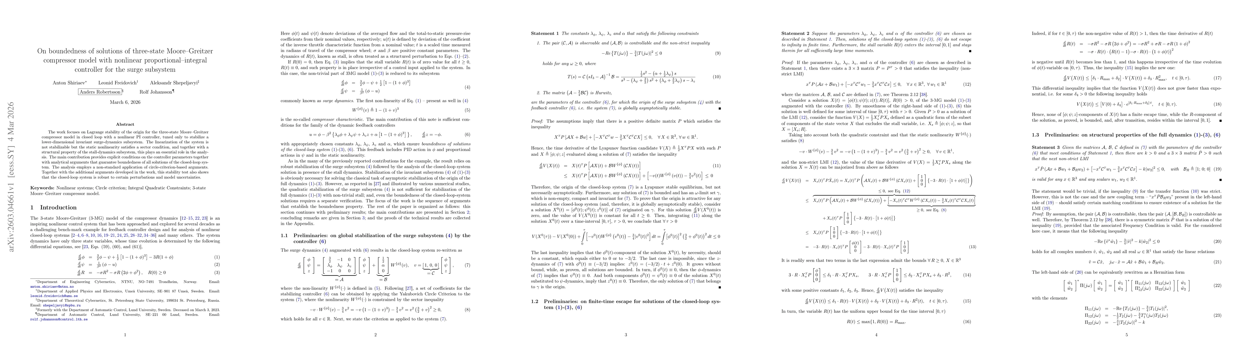 Thumbnail for On boundedness of solutions of three-state Moore-Greitzer compressor model with nonlinear proportional-integral controller for the surge subsystem