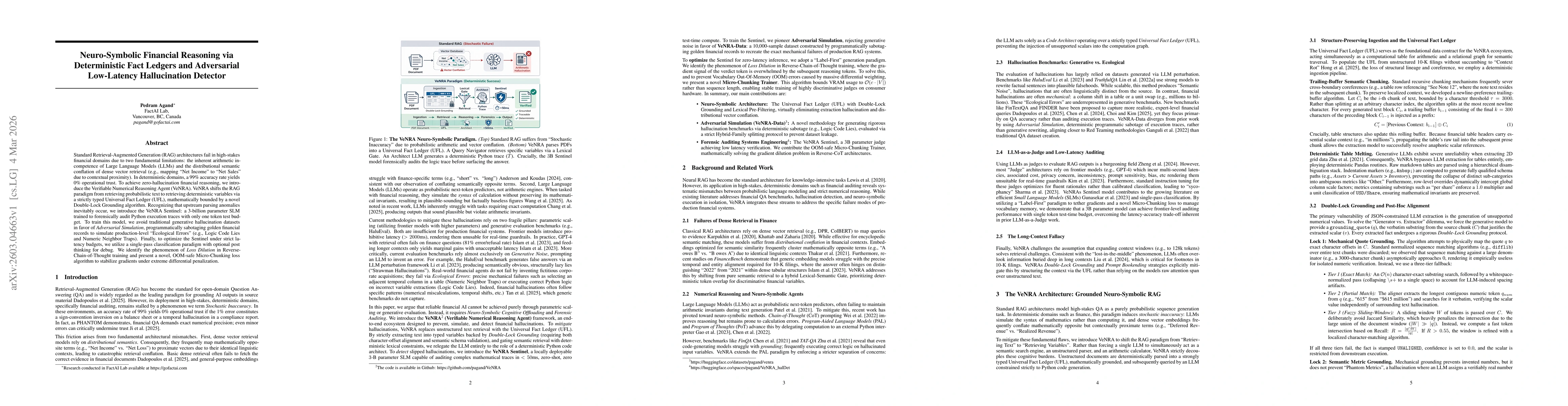Thumbnail for Neuro-Symbolic Financial Reasoning via Deterministic Fact Ledgers and Adversarial Low-Latency Hallucination Detector
